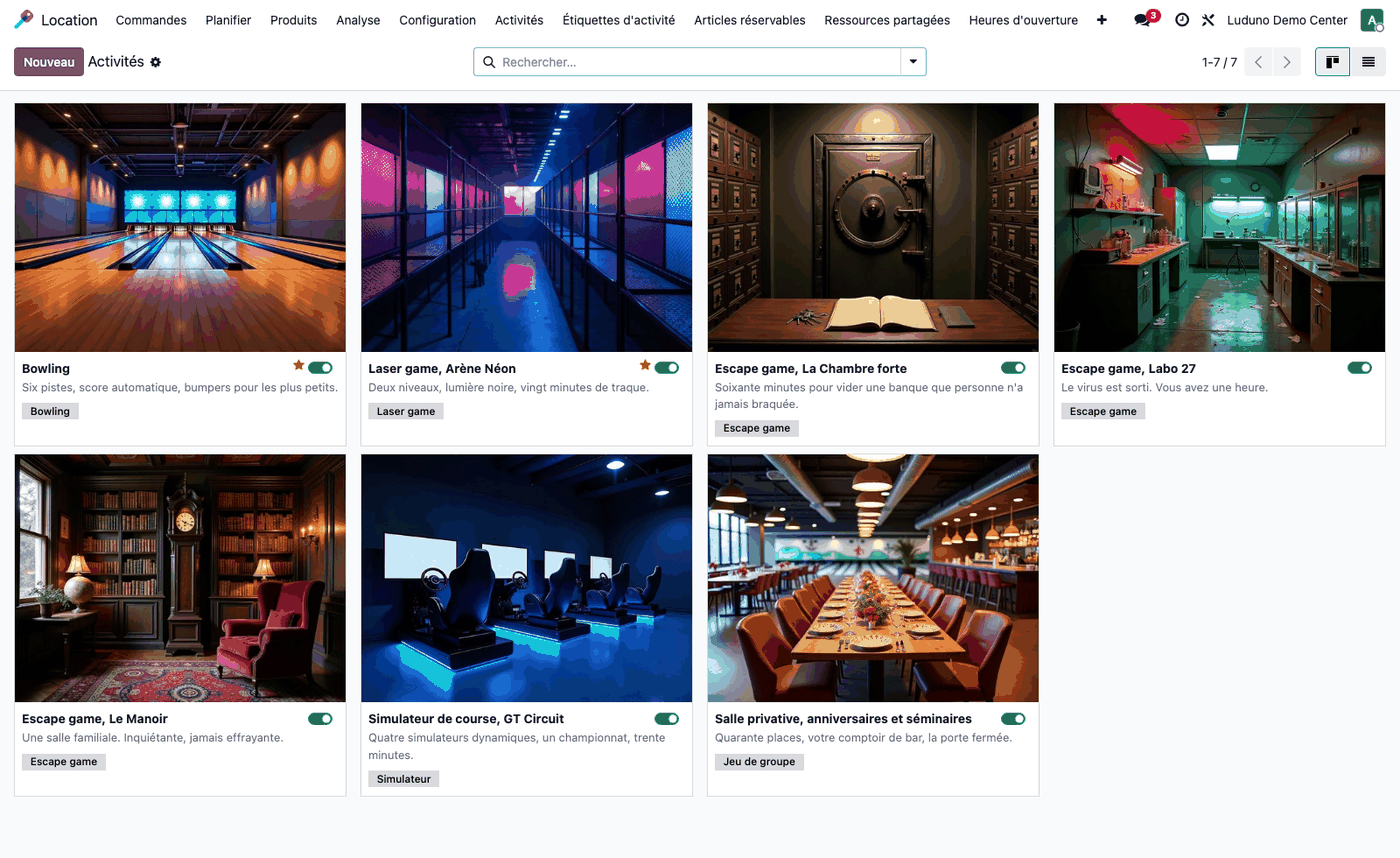 Vue kanban des activités d'un centre de loisir dans Luduno : bowling, laser game, trois escape games, simulateur de course et salle privative