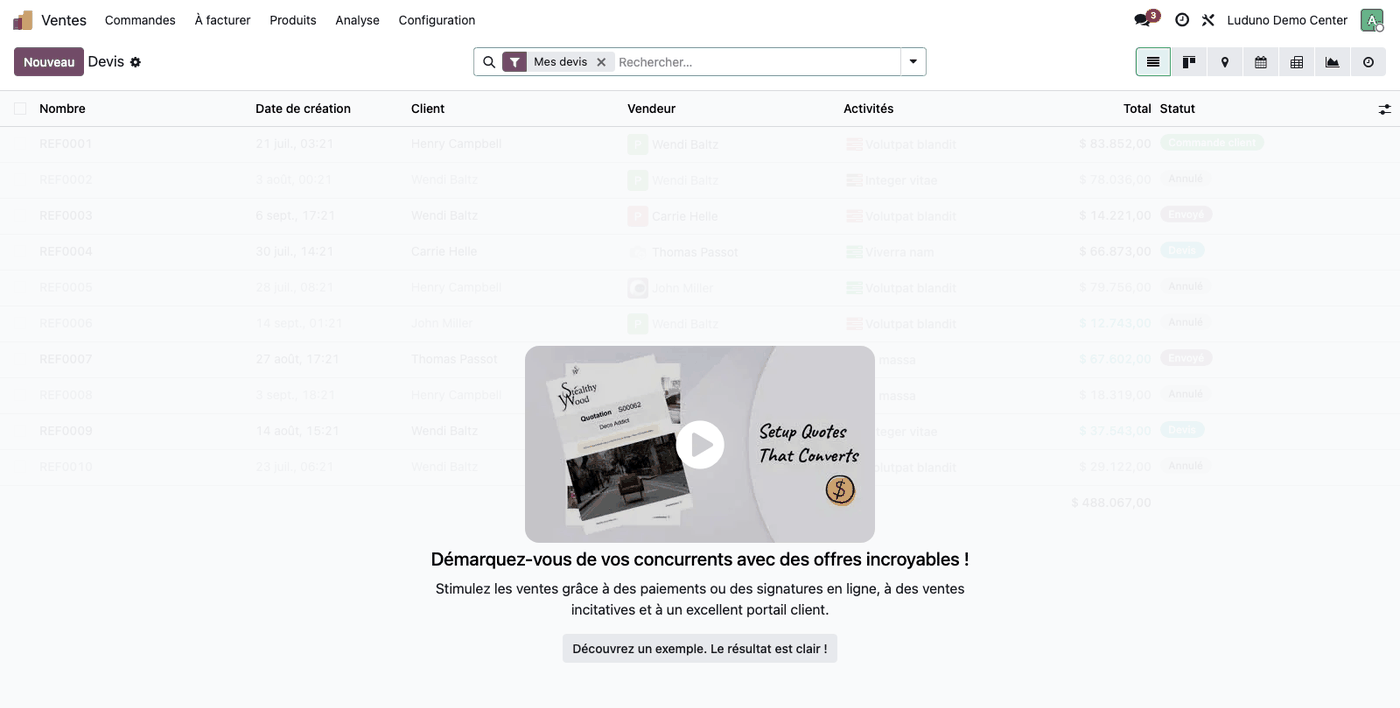 Liste des commandes de vente dans Luduno, réservations en ligne et devis B2B confondus