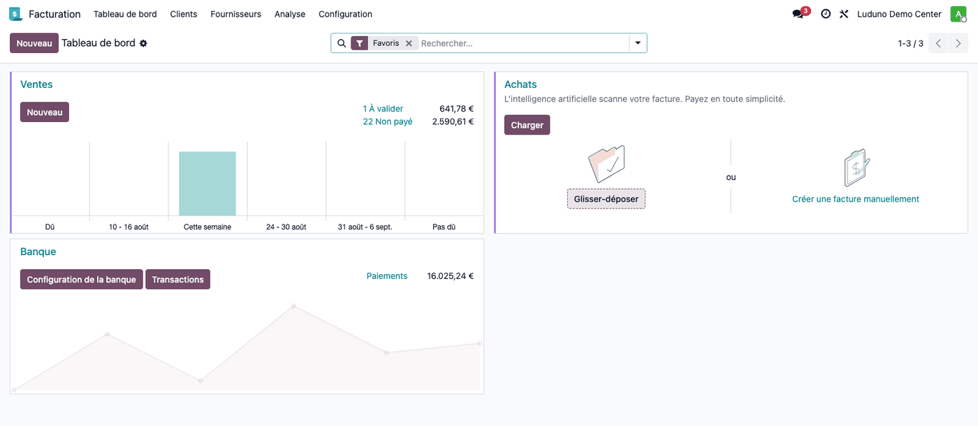 Tableau de bord de la comptabilité dans Luduno, avec les journaux de vente, d'achat et de banque