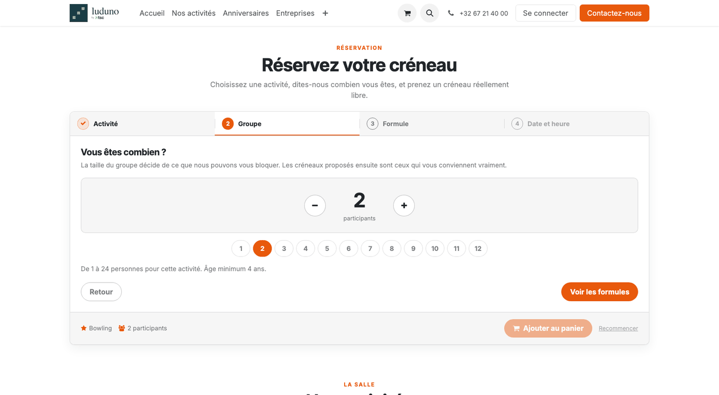 Écran de choix du nombre de participants, avec les bornes minimum et maximum de l'activité