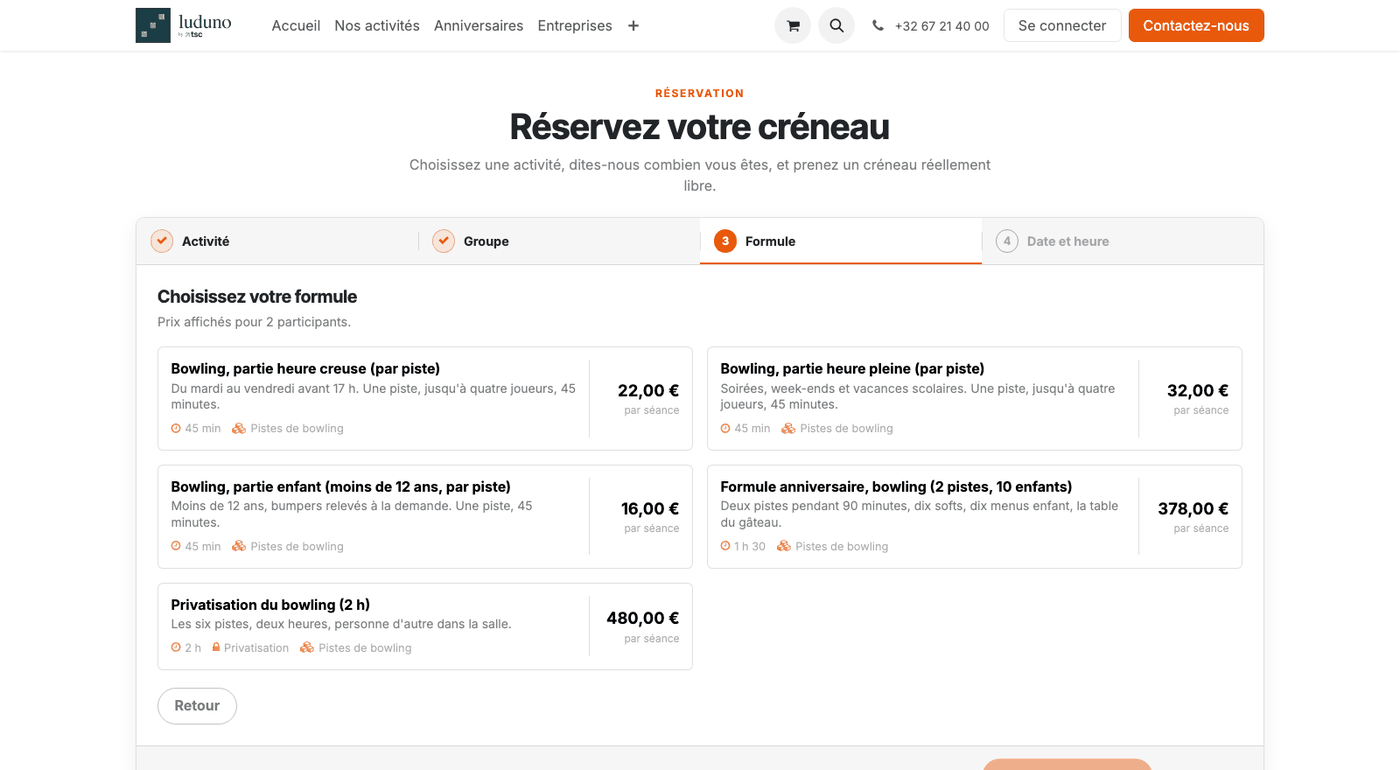Écran de choix de la formule, avec les prix par créneau et par durée