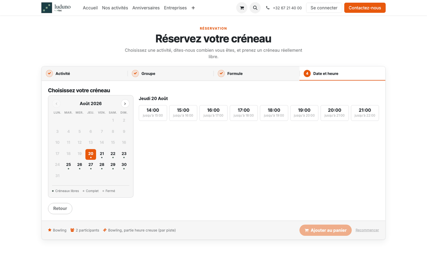 Calendrier de réservation Luduno avec les créneaux libres, complets et fermés, et le récapitulatif de commande en bas d'écran