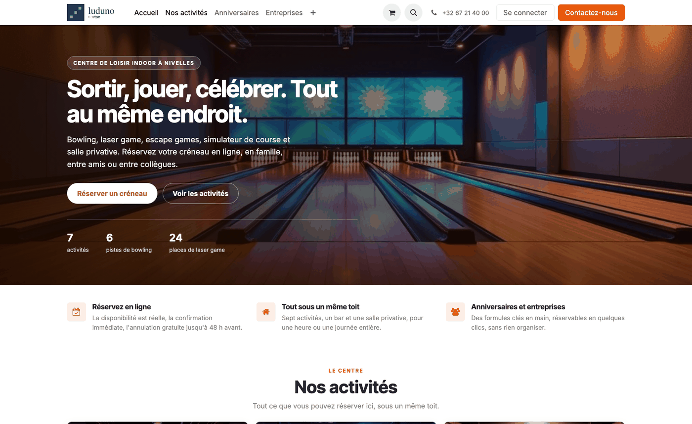 Page d'accueil du site d'un centre de loisir monté avec Luduno