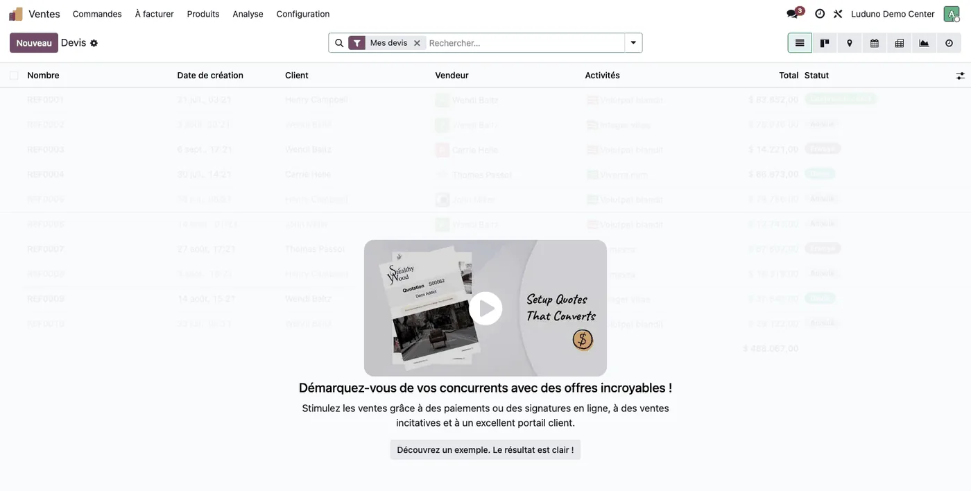 Liste des commandes de vente dans Luduno, réservations en ligne et devis B2B confondus