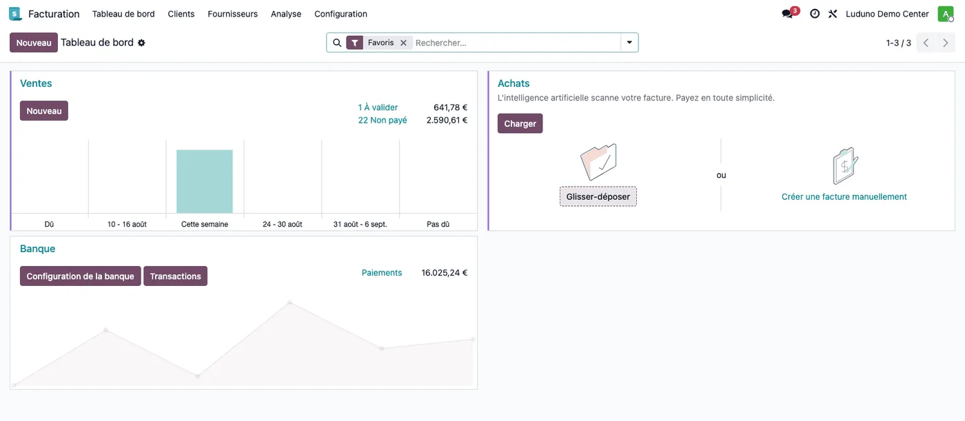 Tableau de bord de la comptabilité dans Luduno, avec les journaux de vente, d'achat et de banque