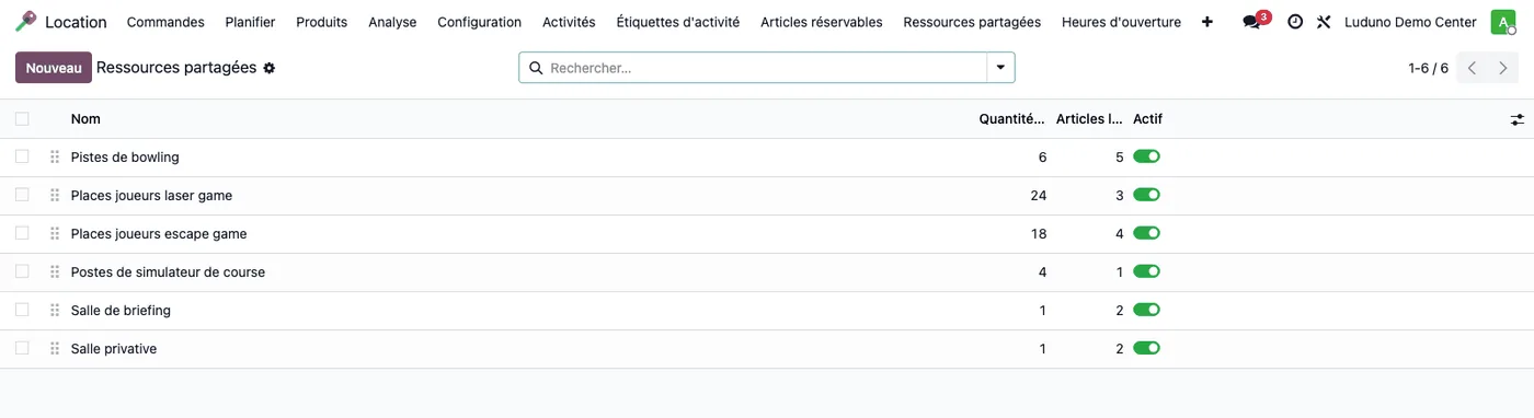 Liste des pools de ressources partagées dans Luduno, avec leur quantité et le nombre d'articles qui les consomment