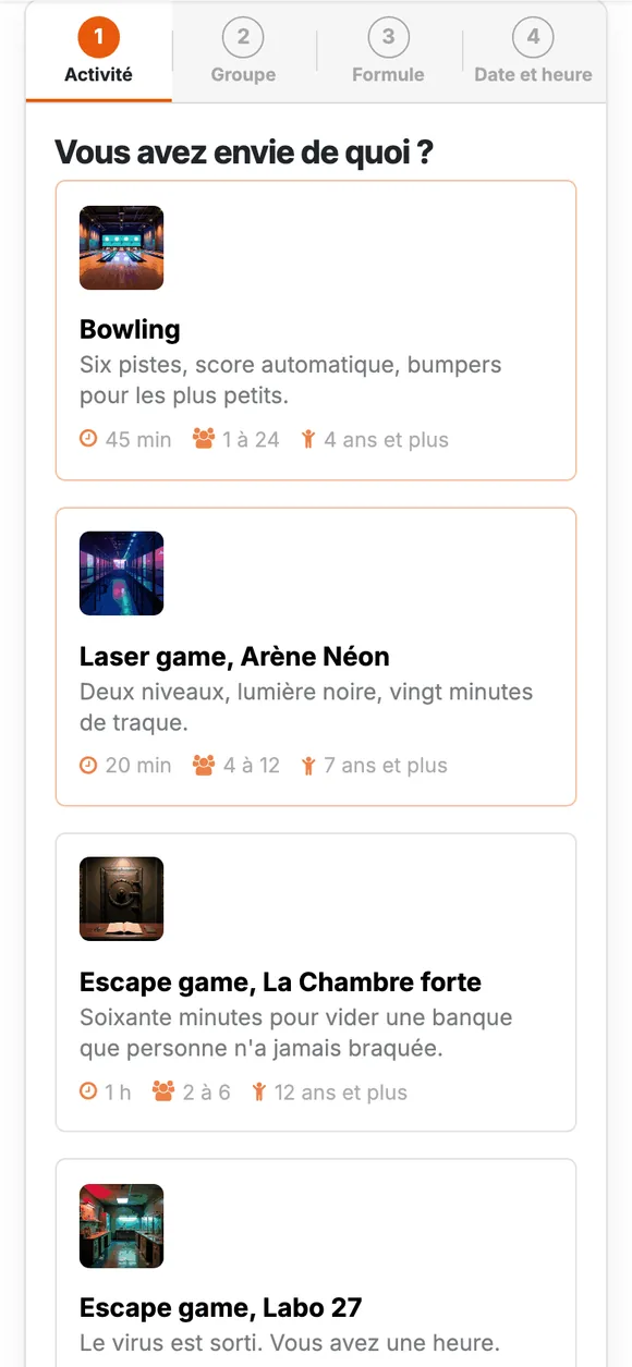 Choix de l'activité dans le parcours de réservation Luduno sur téléphone