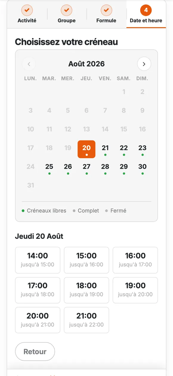 Calendrier des créneaux disponibles sur téléphone, avec les pastilles libre, complet et fermé