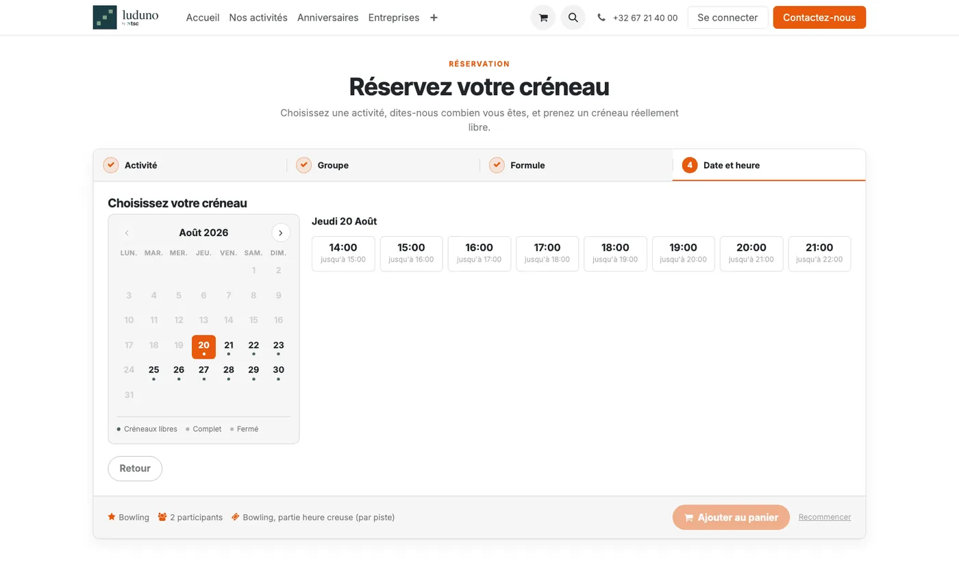 Calendrier de réservation Luduno avec les créneaux réellement libres, les créneaux complets et les jours de fermeture